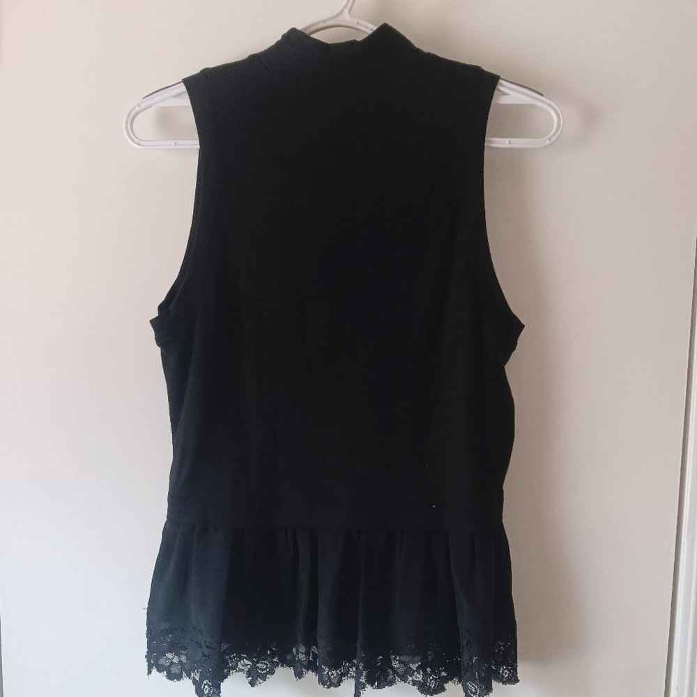BLACK SLEEVELESS TOP WITH LACE PEPLUM, MOCK TURTLENECK BY REBECCA TAYLOR SIZE S